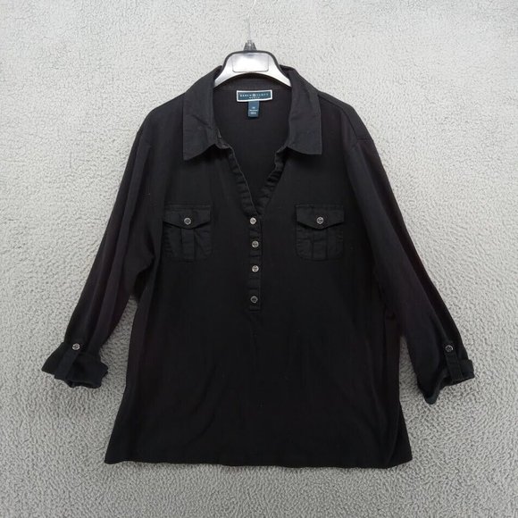Karen Scott Shirt Womens 3X Black‎ Collared Henley Double Pockets Workwear - Picture 1 of 6